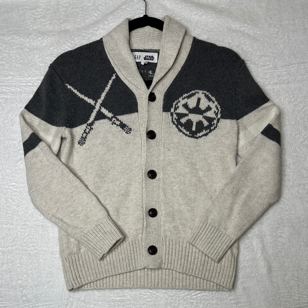 Gap Star Wars Cardigan Boys Medium Grey Cream Darth Vader Shawl Collar Sweater